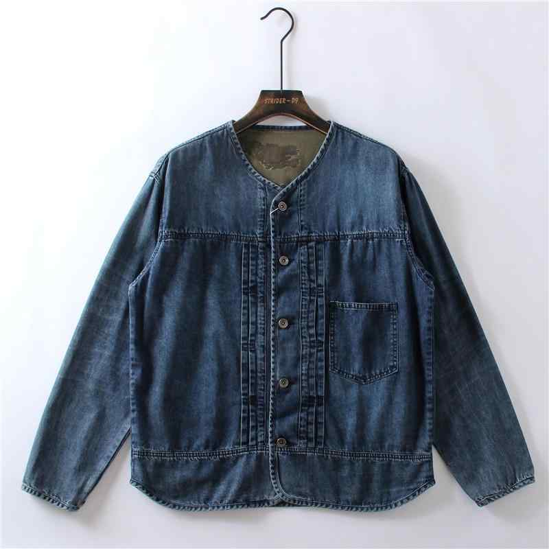 ジャケット メンズ おしゃれ 春秋 トップス アウター ノーカラー ラウンドネック ボタン プリーツ デニム 普段使い 旅行 ヴィンテージ風 カジュアル 無地 大きいサイズ 青