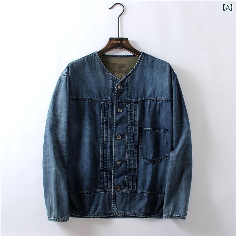 ジャケット メンズ おしゃれ 春秋 トップス アウター ノーカラー ラウンドネック ボタン プリーツ デニム 普段使い 旅行 ヴィンテージ風 カジュアル 無地 大きいサイズ 青