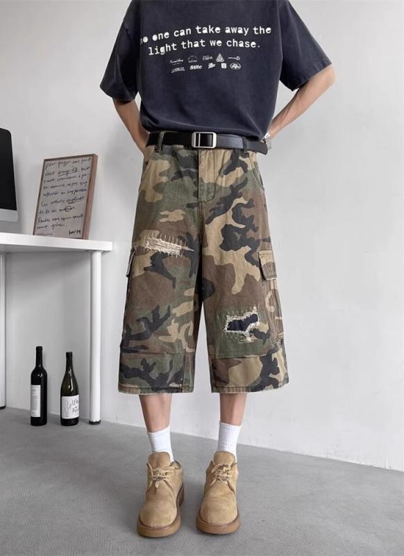 Straight Jeans - パンツ 7分丈 アメリカン ヴィンテージ風 ダメージ パッチ ウォッシュ加工 迷彩柄 デニム 男女兼用 夏 ゆったり ワイド ストレート 通気性 カジュアル 大きいサイズ おしゃれ