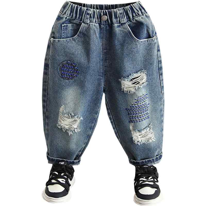 ダメージ ジーンズ キッズ ベビー 男の子 春秋 ストレート ロングパンツ ウエストゴム ポケット ワッペ..