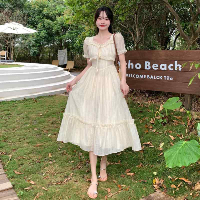 Short - ワンピース ぽっちゃり レディース 春夏 ハイウエスト 半袖 フリル 大きいサイズ ガーリー 細見え スクエアネック リボン ロング ミニ アプリコット