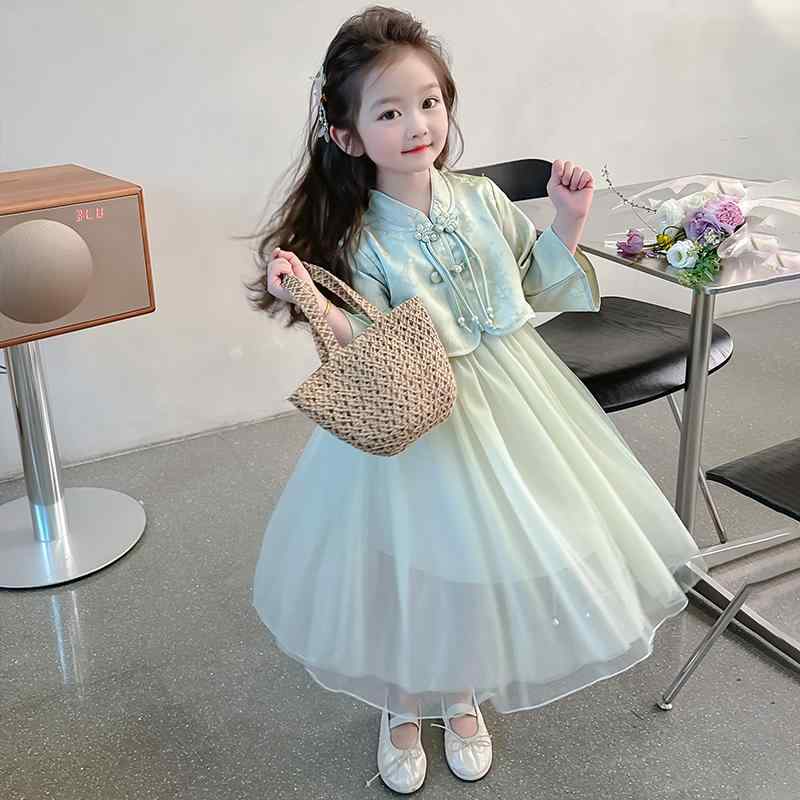 ワンピース 女の子 夏 チャイナ風 漢服 レトロ スタンドカラー 七分袖 背中ファスナー Aライン チュー..