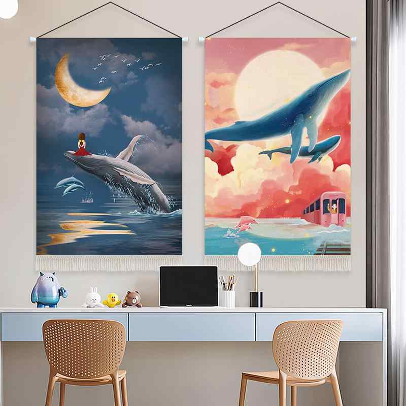 タペストリー 風景 壁掛け おしゃれ 海 景色 インテリア グッズ 北欧 クジラ モチーフ 生地 吊り 下げ 絵画 装飾 ベッド リビング ルーム 長方形 混紡 フリンジ