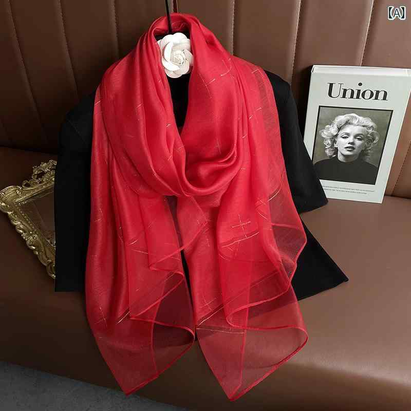 ストール 薄手 春秋 レディース 長方形 韓国 ロング 日焼け防止 お出かけ ショッピング プレゼント シンプル 光沢 幾何学 赤 緑 ピンク