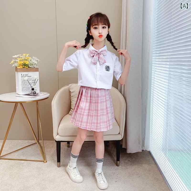 制服風 衣装 キッズ 半袖 春夏 女の子 上下セット シャツ 刺繍 前開き ポケット ミニスカート プリーツ チェック柄 ウエストゴム リボン 靴下 通気性 おしゃれ JK 発表会