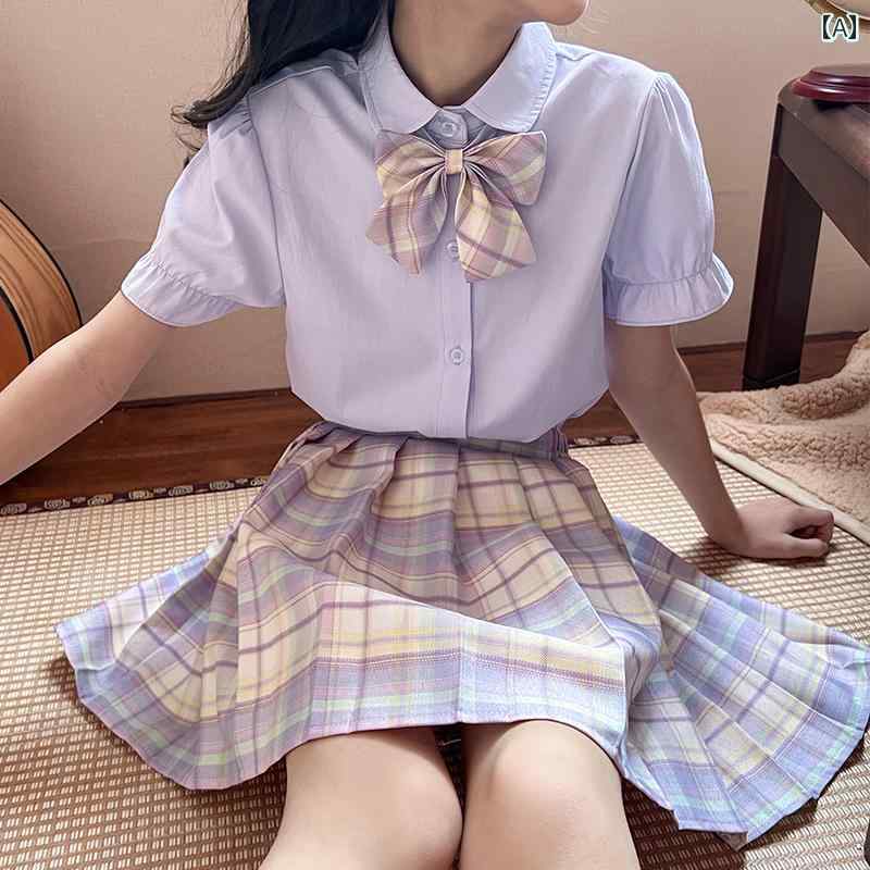 制服風 衣装 キッズ 半袖 春夏 女の子 上下セット シャツ 前開き パフスリーブ ミニスカート プリーツ チェック柄 インナーパンツ リボン 薄手 かわいい JK 発表会