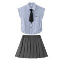 制服風 衣装 キッズ 春夏 女の子 上下セット シャツ フレンチスリーブ 前開き ポケット 刺繍 ストライプ ミニスカート プリーツ ウエストゴム インナーパンツ ネクタイ 通気性 おしゃれ JK 発表会 青