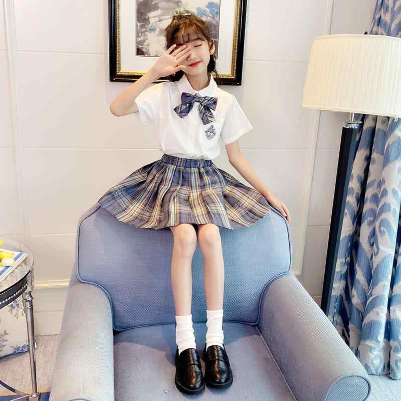 制服風 衣装 キッズ 半袖 春夏 女の子 男の子 上下セット シャツ 前開き ポケット ミニスカート プリーツ チェック柄 リボン ベスト 通気性 快適 かわいい JK 発表会 青 ピンク 紺