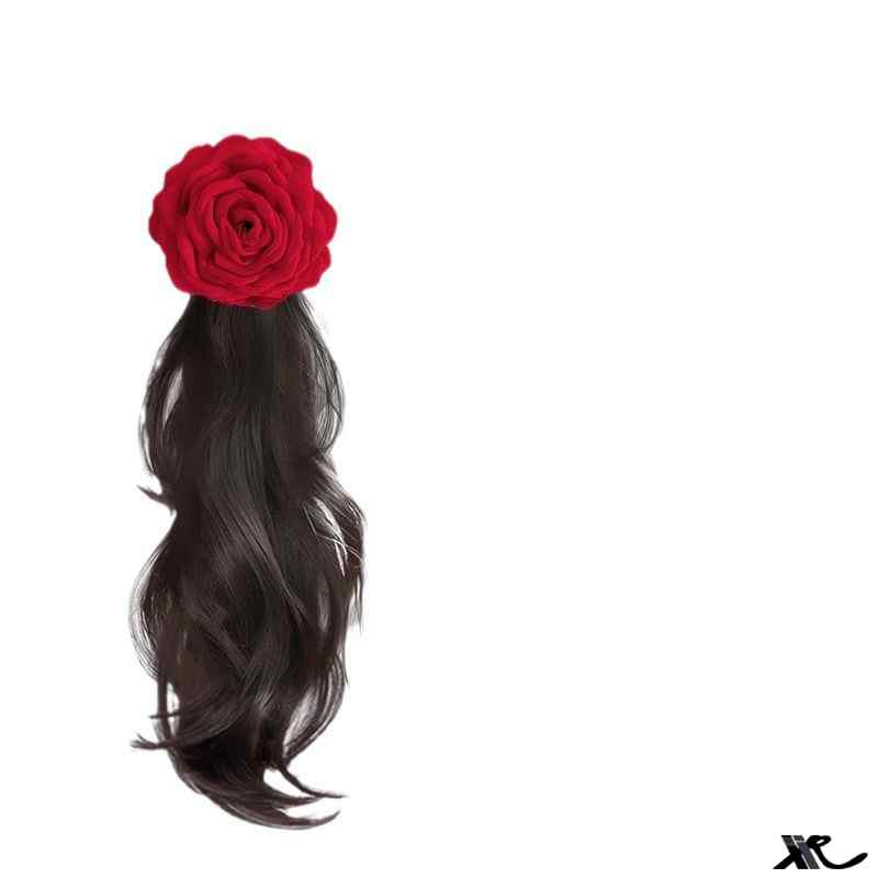 ポニーテール ウィッグ クリップ レディース 巻き髪 ウェーブ ハーフアップ ヘアアクセサリー 装飾 つけ毛 エクステ ボリューム ワンタッチ シンプル エレガント 黒 茶 赤 薔薇
