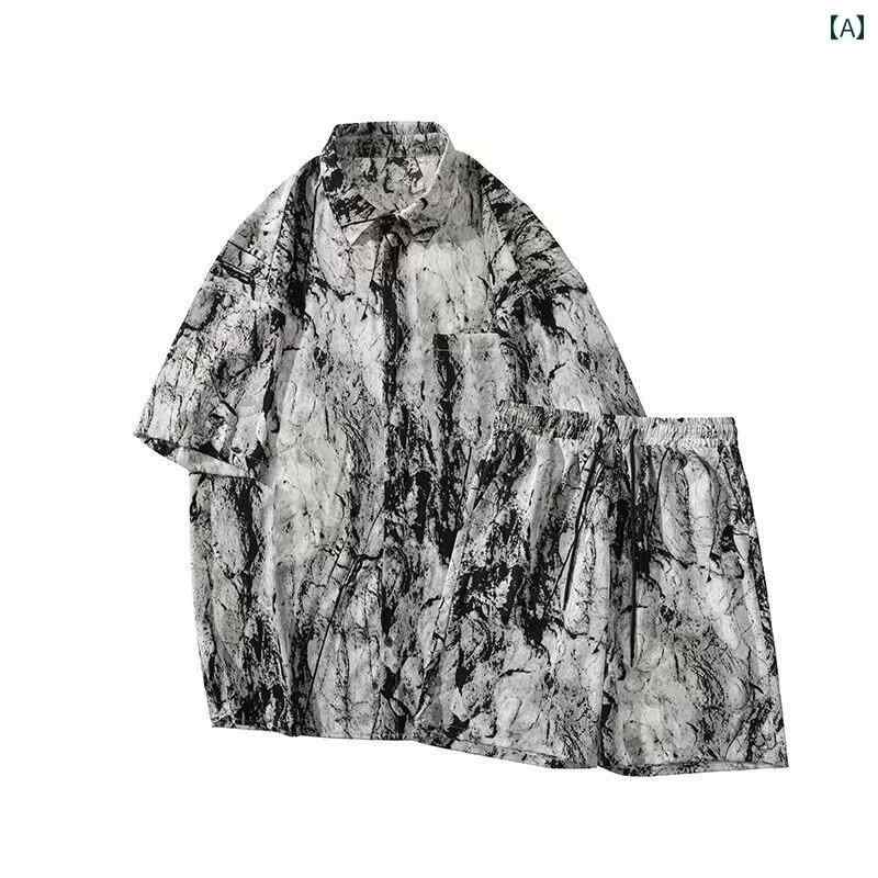 セットアップ メンズ 夏 半袖 薄手 ルーズ 大きいサイズ カジュアル シャツ 半ズボン スポーツ ショッピング 総柄 黒 ボタン ファッション