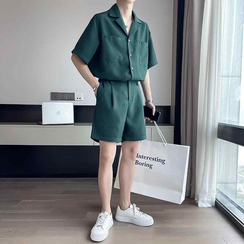 セットアップ メンズ 夏 半袖 シャツ ゆったり ショートパンツ カジュアル おしゃれ 大きいサイズ 緑 黒 アプリコット ショッピング ワッフル ボタン