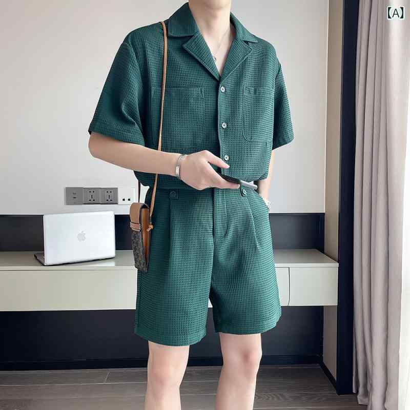 セットアップ メンズ 夏 半袖 シャツ ゆったり ショートパンツ カジュアル おしゃれ 大きいサイズ 緑 黒 アプリコット ショッピング ワッフル ボタン