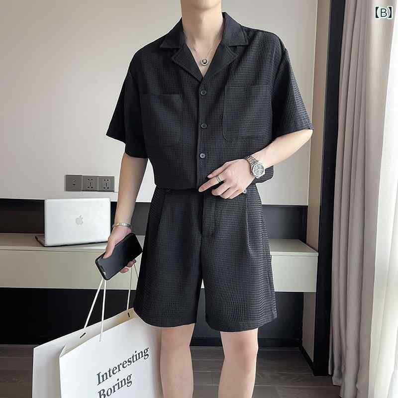 セットアップ メンズ 夏 半袖 シャツ ゆったり ショートパンツ カジュアル おしゃれ 大きいサイズ 緑 黒 アプリコット ショッピング ワッフル ボタン