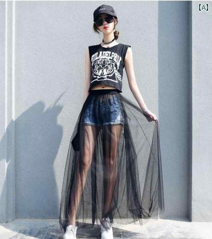 スカート チュール レディース かわいい ファッション 多用途 シースルー 透け感 重ね着 プリーツ メッシュ ハイウエスト ロング 丈 Aライン 黒 白 ライトグレー