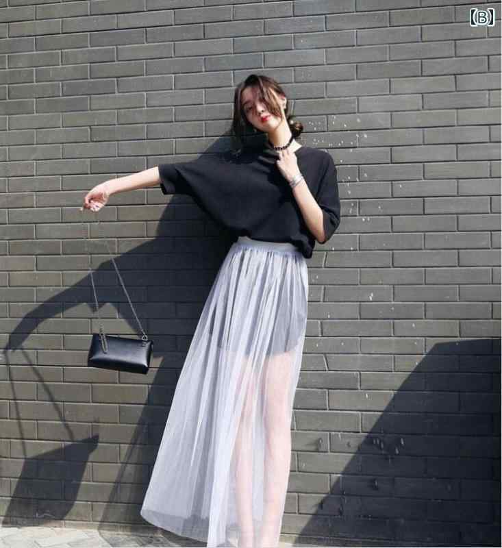 スカート チュール レディース かわいい ファッション 多用途 シースルー 透け感 重ね着 プリーツ メッシュ ハイウエスト ロング 丈 Aライン 黒 白 ライトグレー