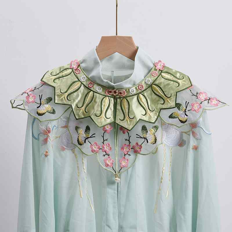 付け襟 子供 大人 レディース 女の子 春夏 チャイナ風 レトロ フェイクカラー 小物 刺繍 アクセサリー 大きめ ブラウス ワンピース お呼ばれ 花 蝶々 パール 緑