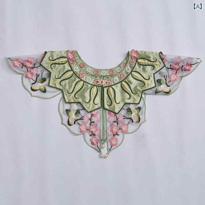 付け襟 子供 大人 レディース 女の子 春夏 チャイナ風 レトロ フェイクカラー 小物 刺繍 アクセサリー 大きめ ブラウス ワンピース お呼ばれ 花 蝶々 パール 緑