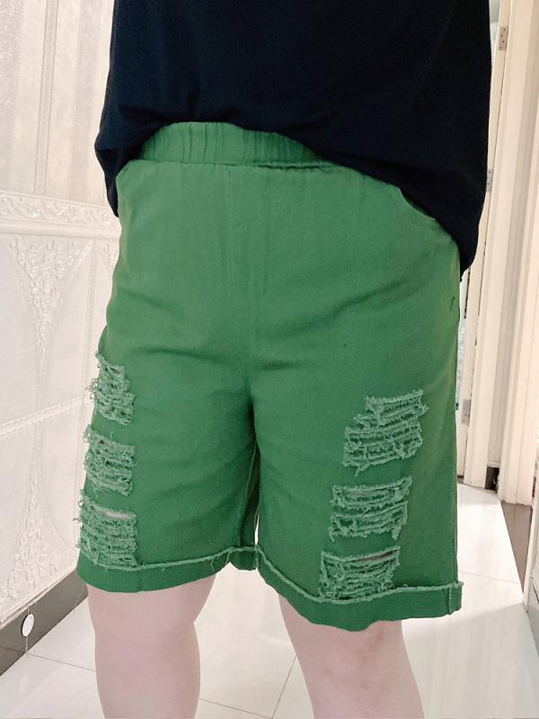 Short Pants - 大きいサイズ レディース パンツ おしゃれ 破れ ダメージ デニム 短パン ショート丈 ストリート ゆったり かっこいい 動きやすい 夏 白 緑