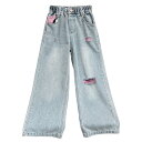キッズ 女の子 デニム パンツ 大人 レディース 春秋 ボトムス ダメージ加工 ジーンズ ロング ポケット ウエストゴム ミッドライズ ダンス ストリート 普段...