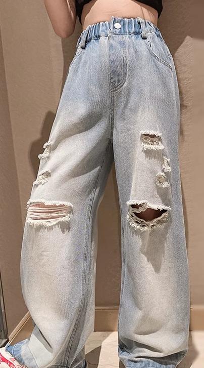 キッズ 女の子 デニム パンツ 春秋 ボトムス ジーンズ ダメージ加工 ワイド ロング ウエストゴム 柔らかい 肌に優しい 細見え 脚長効果 普段使い ダンス ストレート 韓国 カジュアル