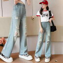 ダメージジーンズ キッズ 女の子 大きいサイズ 韓国 ハイウエスト トップス 半袖 夏 薄手 上下セット ゴム ワイド ロングパンツ 青 プリント カジュアル