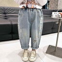 ダメージジーンズ キッズ 女の子 韓国 春秋 ロングパンツ ワイド ウエストゴム ゆったり 履きやすい カジュアル おしゃれ 青デニム 刺繡 うさぎ(4)