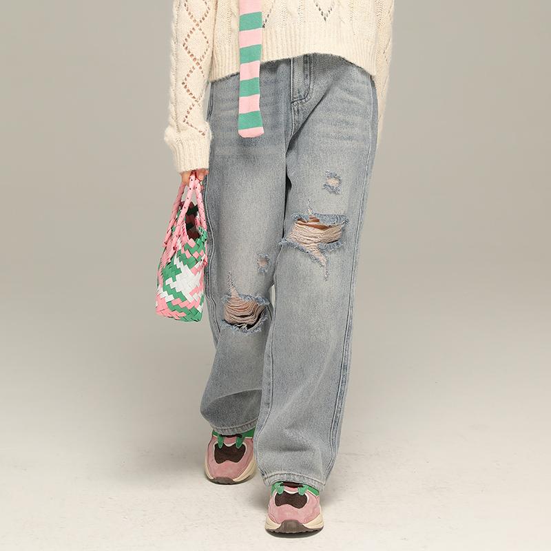 Long-Trousers, Trousers - ダメージジーンズ キッズ 女の子 大きいサイズ ハイウエスト ゴム ポケット 春夏 ゆったり 履きやすい カジュアル シンプル デニム 青