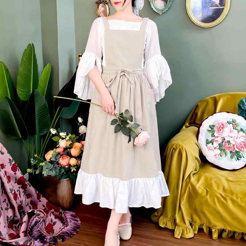 エプロン おしゃれ 春夏 綿 ロング丈 フリル ポケット 通気 ソフト 作業服 レトロ シンプル 無地 オー..