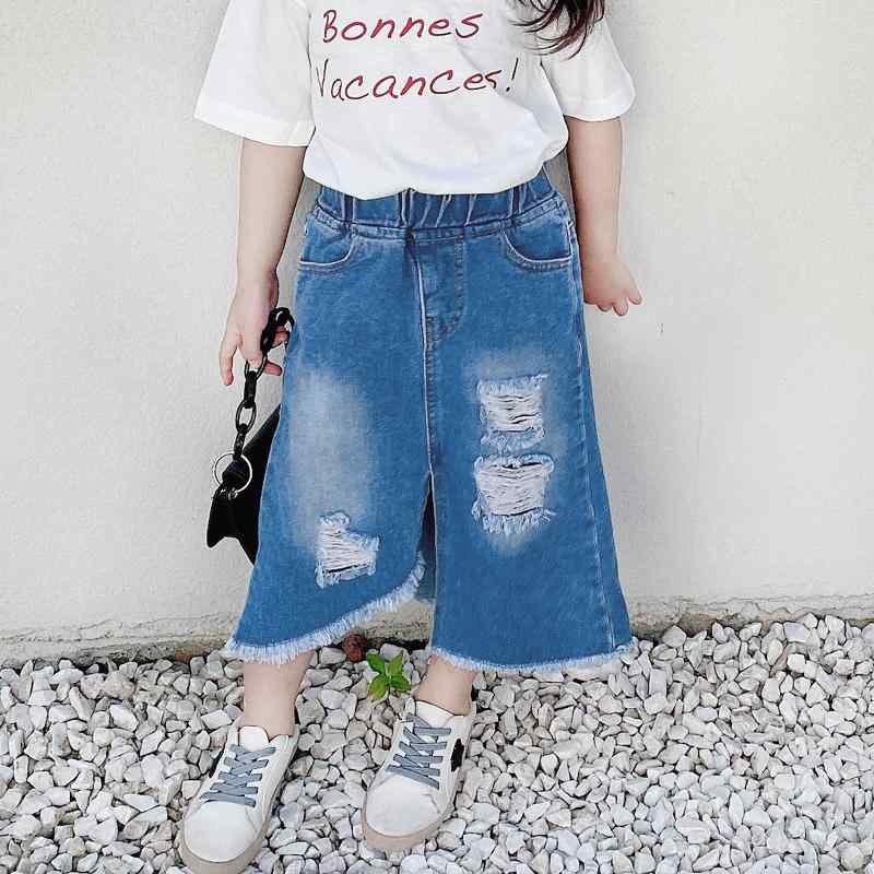 デニムスカート キッズ 韓国 女の子 春夏 ダメージ スリット ウエストゴム ポケット 大きいサイズ アシンメトリー トップス Tシャツ 英文字プリント