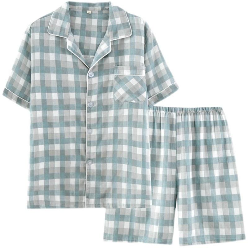 パジャマ ガーゼ メンズ 夏 薄手 半袖 短パン ゆったり 部屋着 ウエストゴム 柔らかい 吸汗 通気性 涼感 父の日 プレゼント シンプル カジュアル 青 グレー 緑 チェック柄