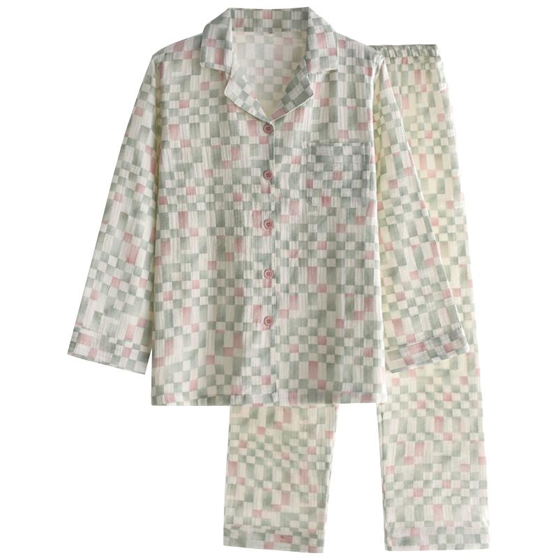 パジャマ ペア ガーゼ 男女兼用 春夏秋 薄手 ゆったり長袖 長ズボン 二層織り コットン 部屋着 ナイトウェア リラックス ウエストゴム 通気性 柔らかい 前開き カップル 夫婦 シンプル カジュアル 緑 ピンク 青 チェック柄