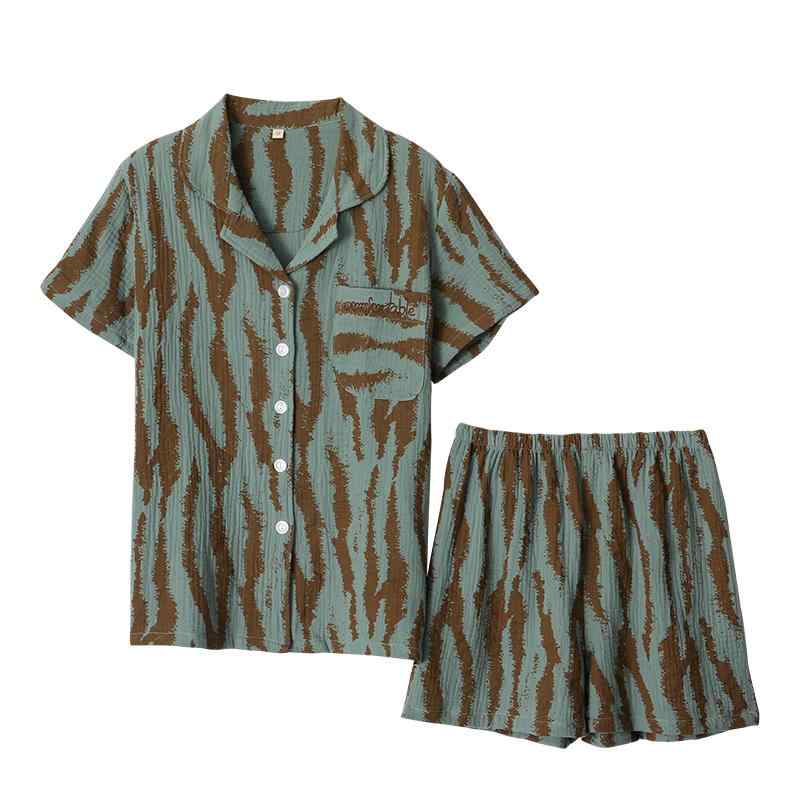 パジャマ ペア ガーゼ 夏 薄手 半袖 短パン ゆったり 二層織り コットン 部屋着 ナイトウェア リラックス ウエストゴム ポケット 通気性 柔らかい カップル 夫婦 シンプル カジュアル 緑 ピンク グレー ゼブラ柄