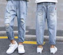ジーンズ キッズ ジュニア 男の子 ダメージ加工 デニム Gパン パンツ 長ズボン ボトムス ストレート ロング ウエストゴム コットンブレンド 柔らかい ゆったり 大きいサイズ ポケット 韓国 春秋 おしゃれ カジュアル ストリート ブルー(4)