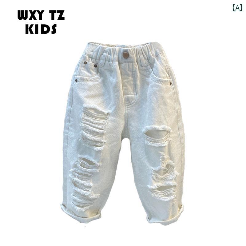 ジーンズ キッズ 男の子 女の子 ダメージ加工 デニム Gパン パンツ 長ズボン ボトムス ストレート ロング ウエストゴム コットン ポリエステル 柔らかい ゆったり 大きいサイズ ポケット 韓国 春秋 おしゃれ カジュアル ストリート ホワイト