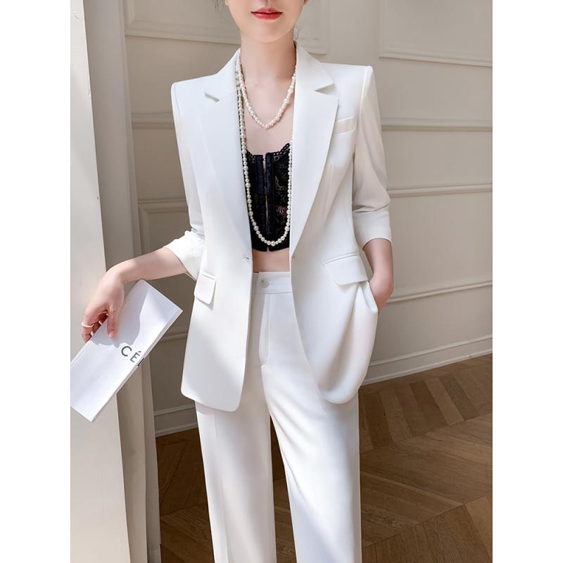 パンツスーツ レディース 春夏 薄手 七分袖 カジュアル ワイドレッグ オフィス ビジネス フォーマルウェア 柔らかい 軽量 快適 シンプル おしゃれ 大きいサイズ 白 黒 青