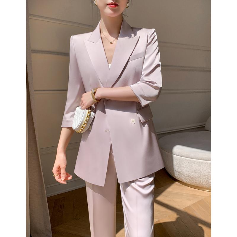 パンツスーツ レディース 薄手 春夏 ワイドレッグ カジュアル 七分袖 オフィス ビジネス フォーマルウェア 柔らかい 軽量 快適 シンプル おしゃれ 大きいサイズ ピンク