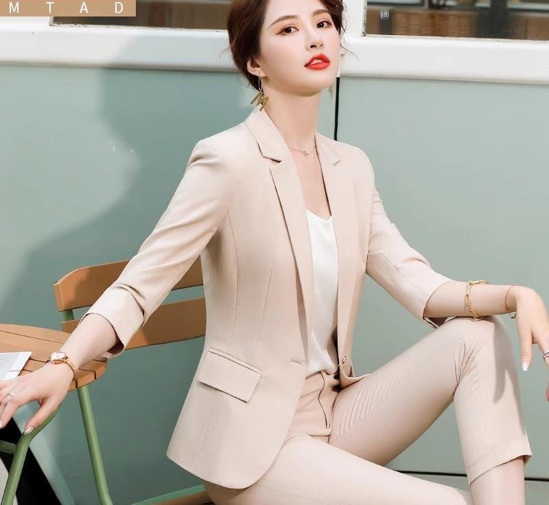 パンツスーツ レディース 春夏 薄手 オフィス ビジネス 通勤 フォーマルウェア ジャケット 柔らかい 快適 ストライプ 七分袖 大きいサイズ おしゃれ グレー アプリコット