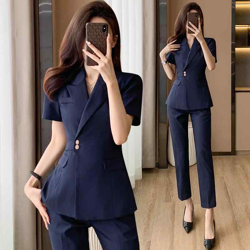 Suits For Job Interviews - パンツスーツ レディース 春夏 薄手 半袖 入園式 オフィス 通勤 フォーマルウェア スリムフィット 柔らかい 快適 大きいサイズ おしゃれ ジャケット 黒 グレー 青