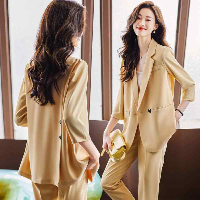 パンツスーツ レディース 韓国 春夏 七分袖 薄手 カジュアル 大きいサイズ 通勤 オフィス フォーマルウェア ジャケット シンプル おしゃれ 白 黒 黄色