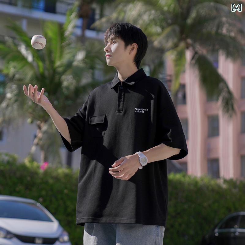 ビッグシルエット ポロシャツ メンズ ゆったり半袖 夏 シンプル 無地 ワンポイント 普段使い 学生 運動 大きいサイズ 黒 白 グレー カジュアル