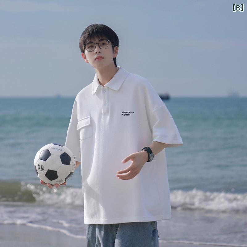 ビッグシルエット ポロシャツ メンズ ゆったり半袖 夏 シンプル 無地 ワンポイント 普段使い 学生 運動 大きいサイズ 黒 白 グレー カジュアル