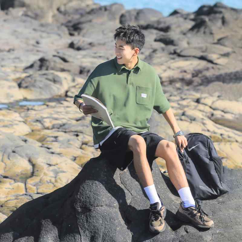 ビッグシルエット ポロシャツ メンズ ゆったり 半袖 夏 重ね着風 カジュアル おしゃれ 無地 シンプル ワンポイント 普段使い 運動 ドロップスリーブ 黒 緑 ポケット