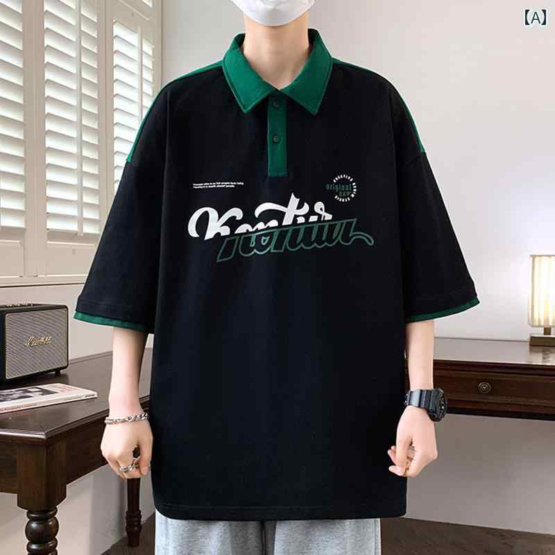 ポロシャツ 半袖 メンズ おしゃれ ルーズ ゆったり 重ね着 風 カジュアル トップス 夏 英字 プリント ブラック ホワイト パープル