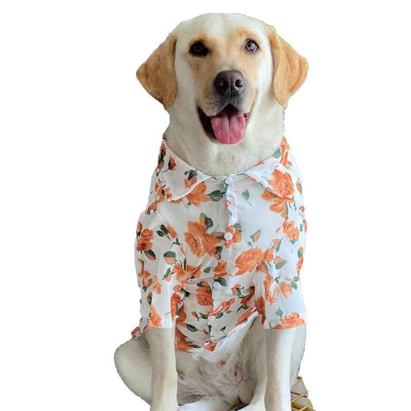 犬 夏服 おしゃれ ペットの 大型 花柄 バラ オレンジ シャツ シルキー 日焼け防止 ゴールデンレトリバー ラブラドール かっこいい 白 襟付き ボタン