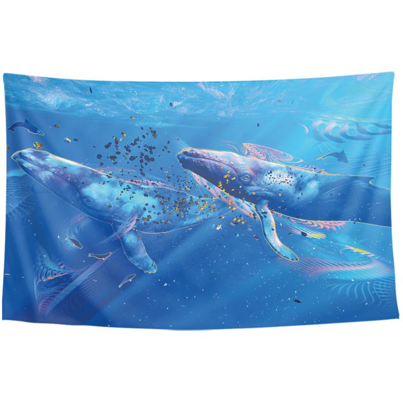 タペストリー 海 長方形 吊り下げ インテリア 寝室 リビング 装飾 撮影 背景 布 アート シンプル モダン おしゃれ 白 アイボリー グレー 海洋生物 クジラ シャチ