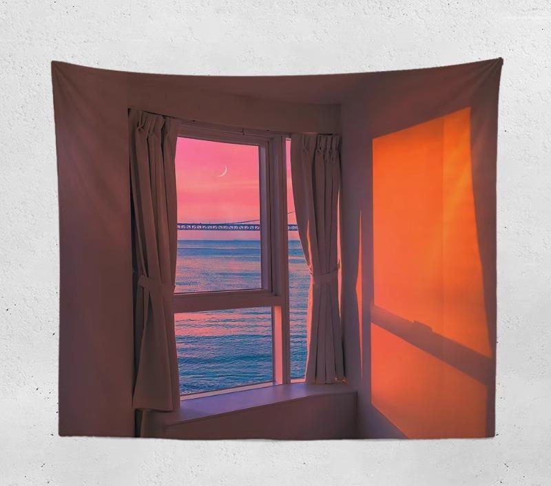 タペストリー 壁掛け 長方形 大きいサイズ 吊り下げ インテリア 寝室 リビング 装飾 撮影 背景 布 キャンバス アート 涼感 洗濯可能 シンプル モダン おしゃれ 風景 海 窓辺