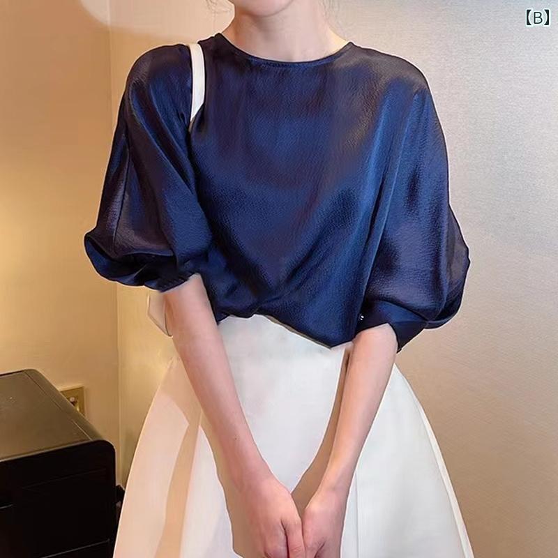 パフスリーブ トップス レディース 夏 涼しい 半袖 ラウンドネック プルオーバー サテン 薄手 オフィス ビジネス 大人 上品 白 青 無地