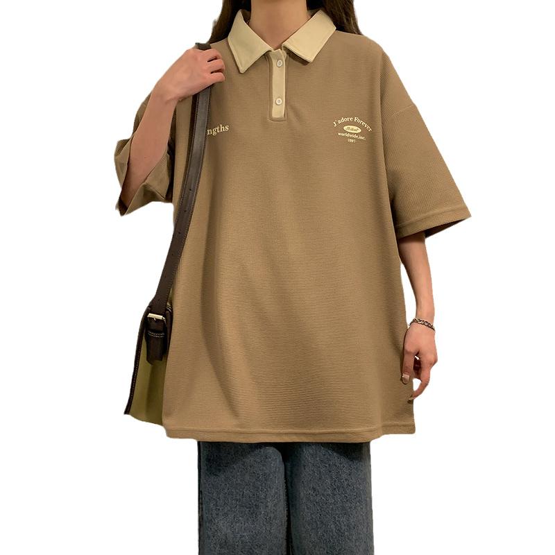 ポロシャツ レディース 大人 トップス 襟 ボタン 大きいサイズ ゆったり 着やすい 夏 半袖 レトロ プルオーバー 体型カバー アイボリー 緑 茶 カジュアル ワンポイント
