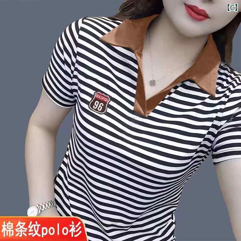 ポロシャツ レディース 大人 トップス 襟 Vネック プルオーバー 半袖 夏 大きいサイズ ゆったり 着やすい ボーダー カーキ 緑 黒 ワンポイント カジュアル