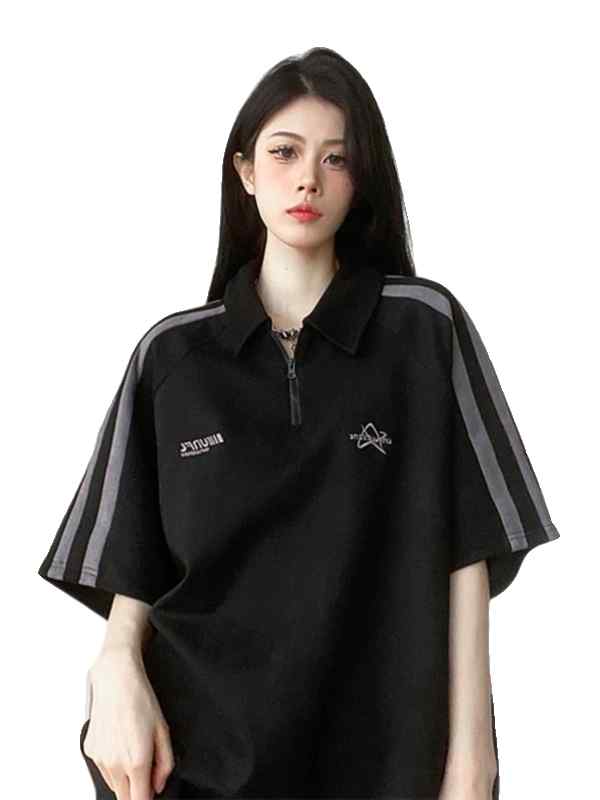 ポロシャツ レディース 大人 トップス 大きいサイズ ゆったり 着やすい レトロ 襟 チャック 夏 半袖 涼しい カジュアル 白 黒 ワンポイント ライン